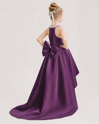 Dideyttawl Beaded V-Neck High-Low Satin Girl Formal Dress