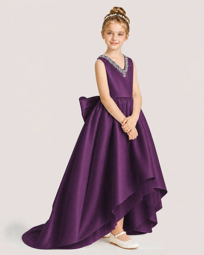 Dideyttawl Beaded V-Neck High-Low Satin Girl Formal Dress
