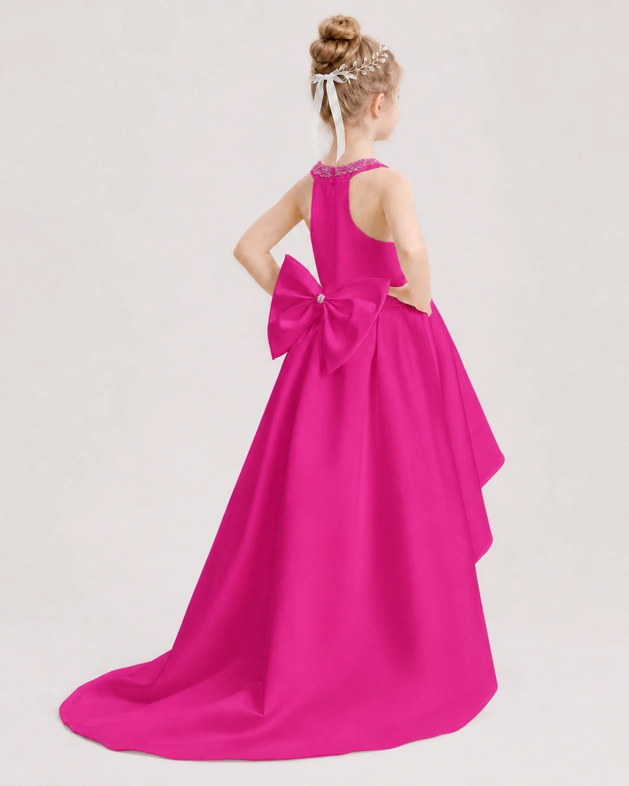 Dideyttawl Beaded V-Neck High-Low Satin Girl Formal Dress