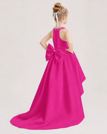 Dideyttawl Beaded V-Neck High-Low Satin Girl Formal Dress