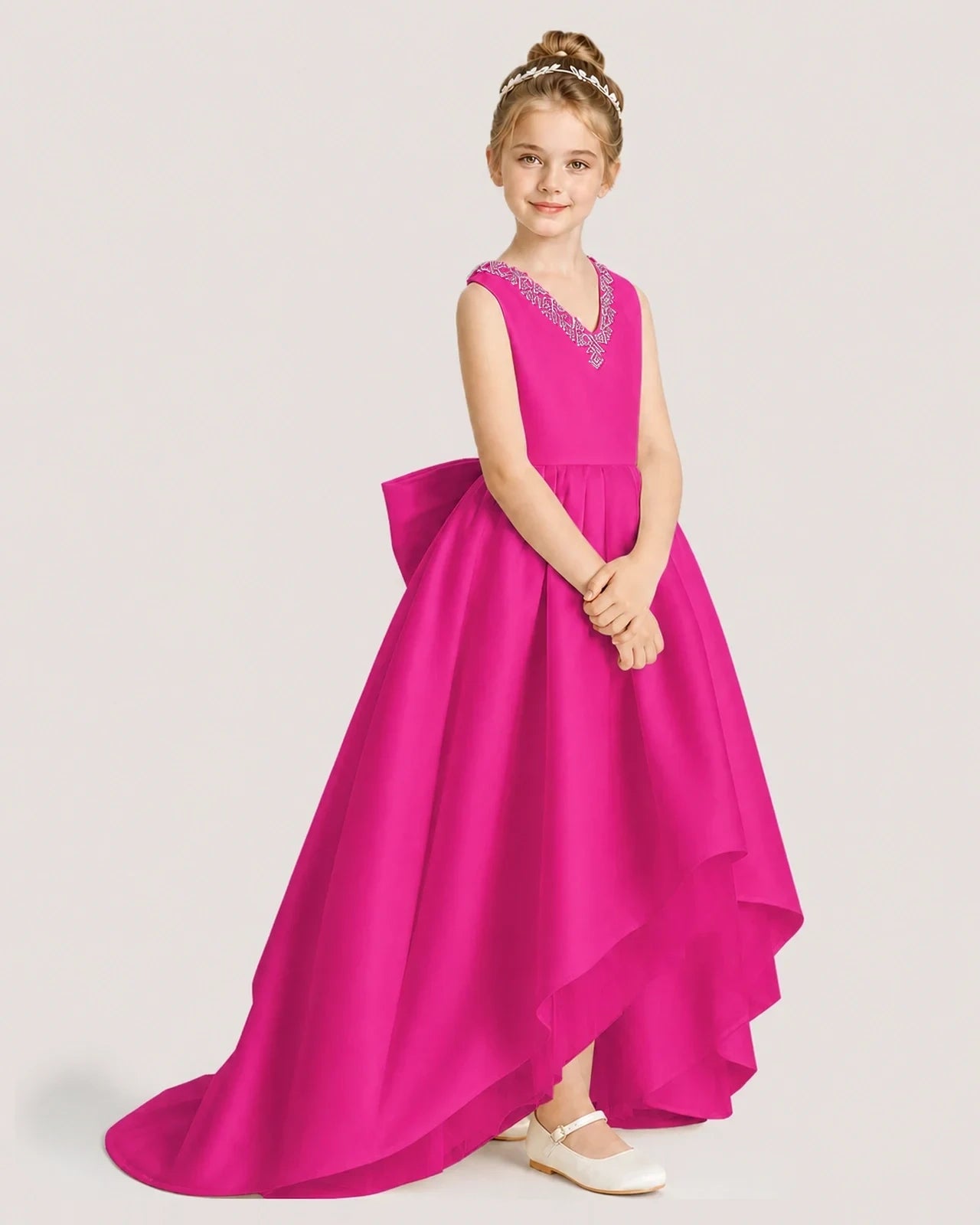 Dideyttawl Beaded V-Neck High-Low Satin Girl Formal Dress