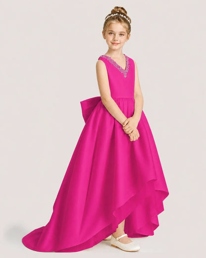 Dideyttawl Beaded V-Neck High-Low Satin Girl Formal Dress