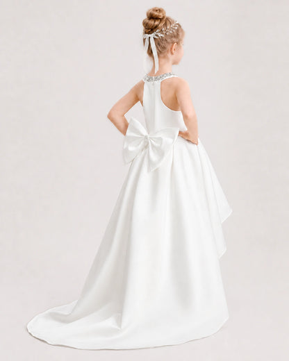 Dideyttawl Beaded V-Neck High-Low Satin Girl Formal Dress