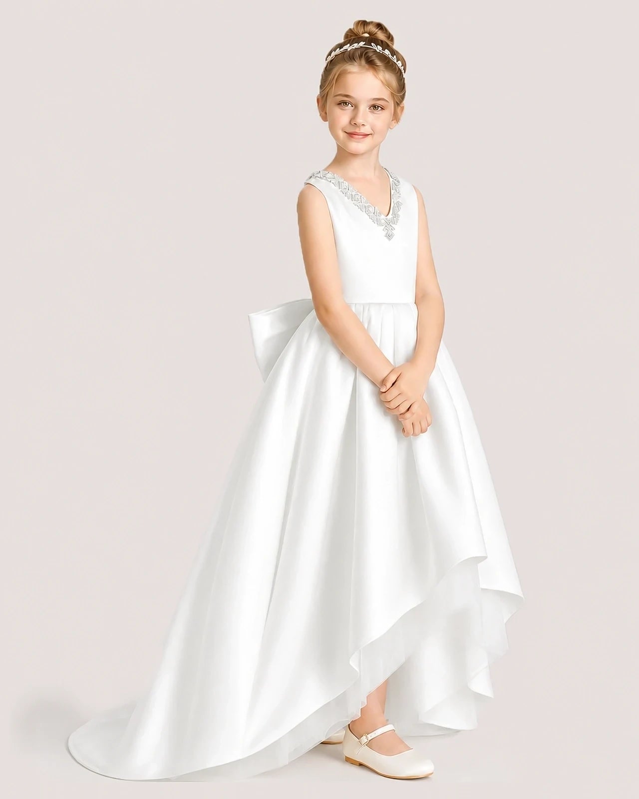 Dideyttawl Beaded V-Neck High-Low Satin Girl Formal Dress