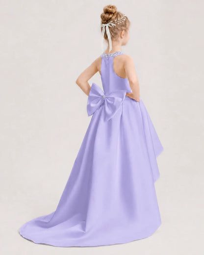 Dideyttawl Beaded V-Neck High-Low Satin Girl Formal Dress