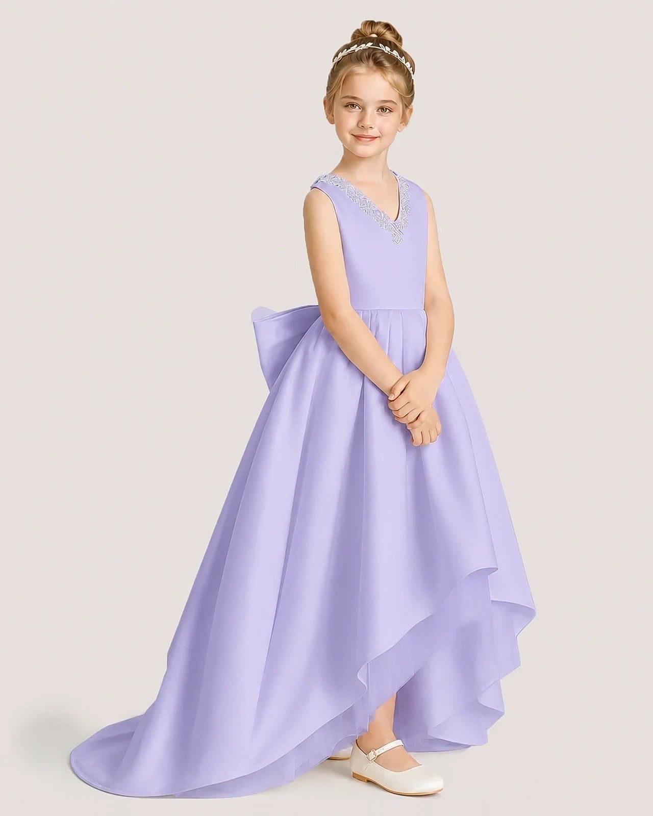 Dideyttawl Beaded V-Neck High-Low Satin Girl Formal Dress