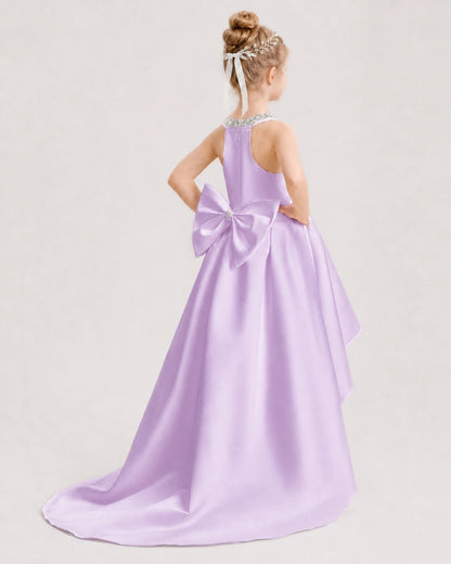 Dideyttawl Beaded V-Neck High-Low Satin Girl Formal Dress
