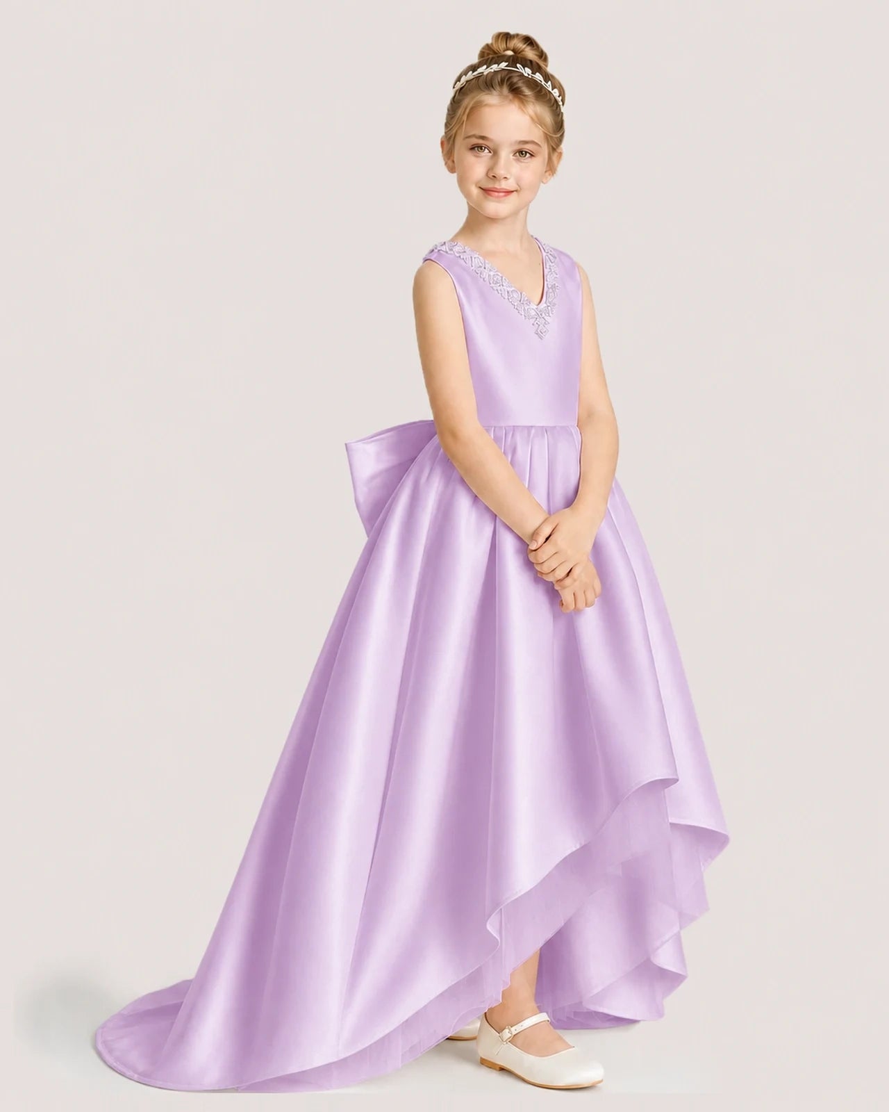 Dideyttawl Beaded V-Neck High-Low Satin Girl Formal Dress