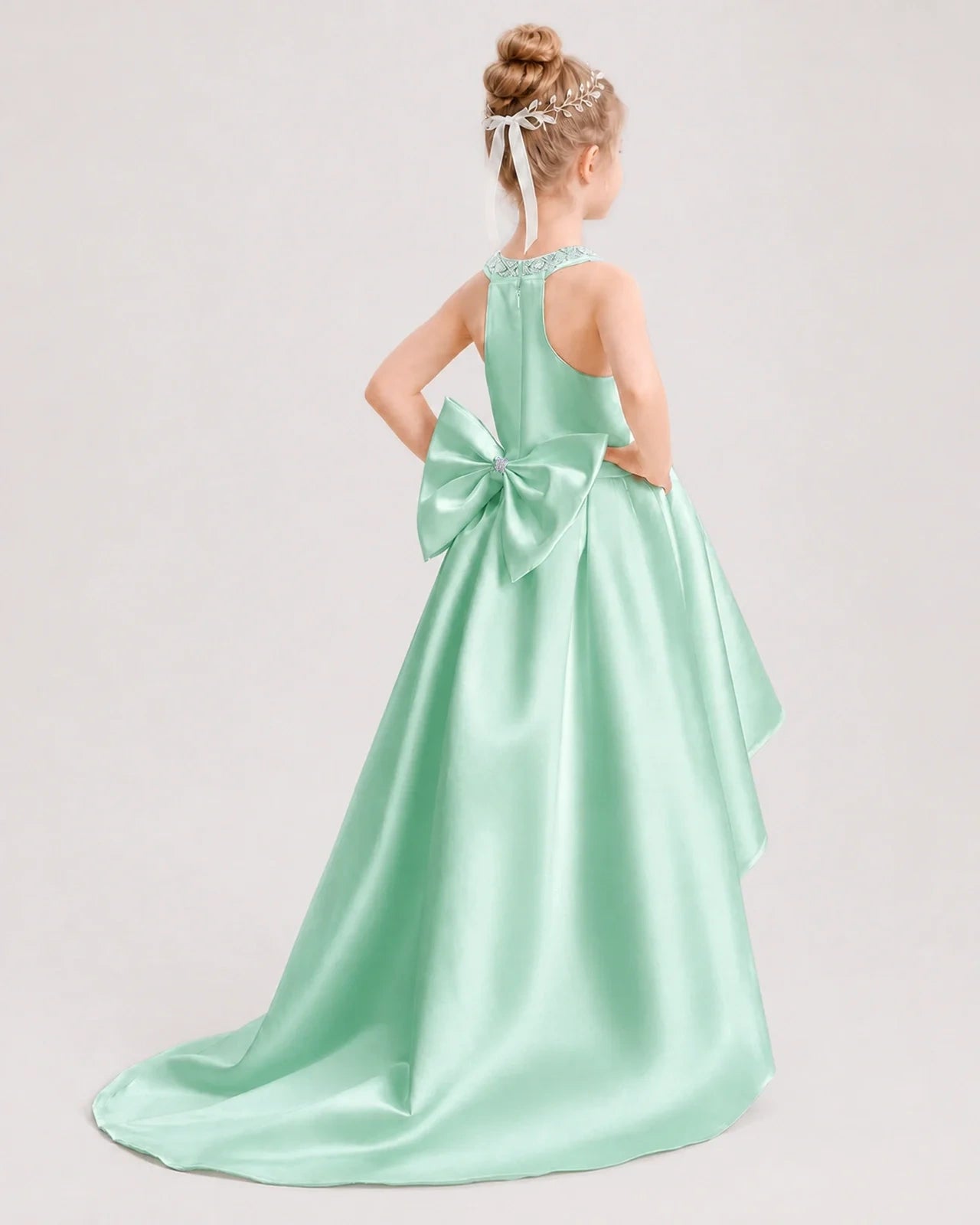 Dideyttawl Beaded V-Neck High-Low Satin Girl Formal Dress