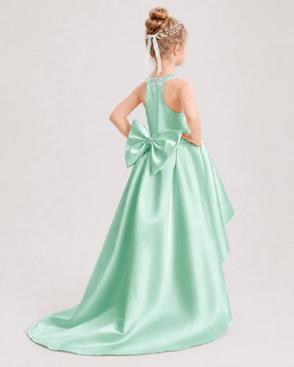 Dideyttawl Beaded V-Neck High-Low Satin Girl Formal Dress