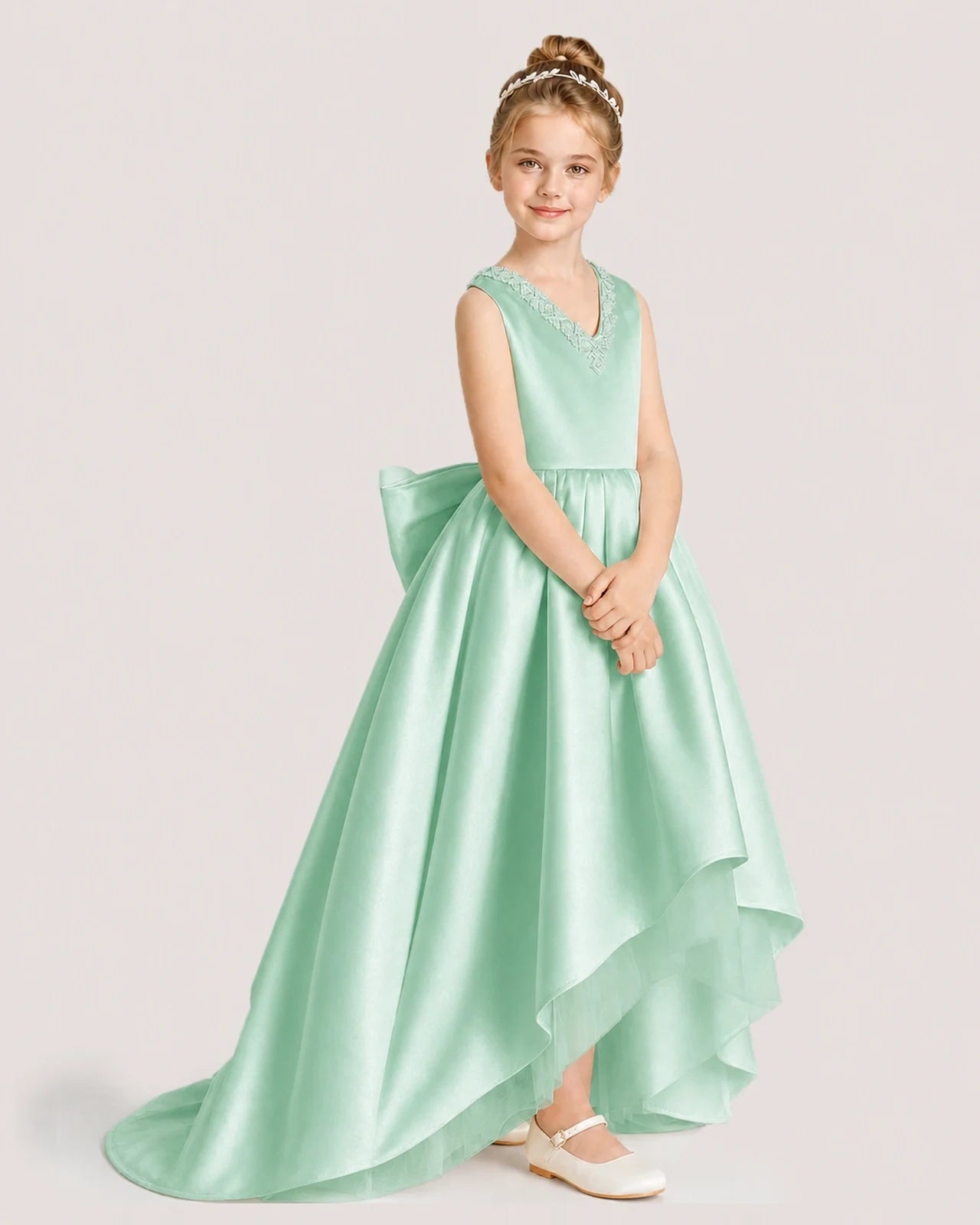 Dideyttawl Beaded V-Neck High-Low Satin Girl Formal Dress