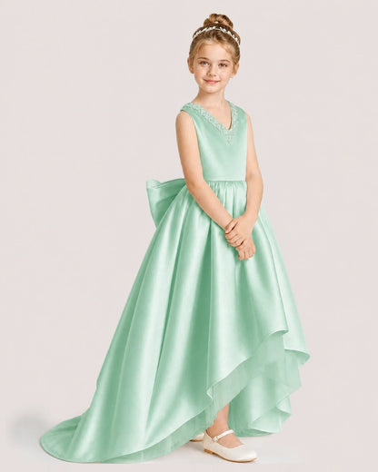 Dideyttawl Beaded V-Neck High-Low Satin Girl Formal Dress