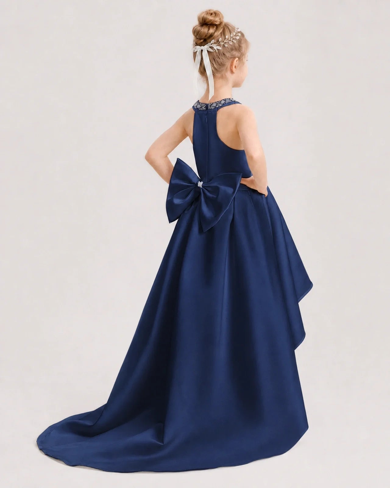 Dideyttawl Beaded V-Neck High-Low Satin Girl Formal Dress