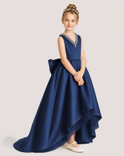 Dideyttawl Beaded V-Neck High-Low Satin Girl Formal Dress