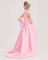 Pink Satin High-Low Girls Formal Dresses Back View