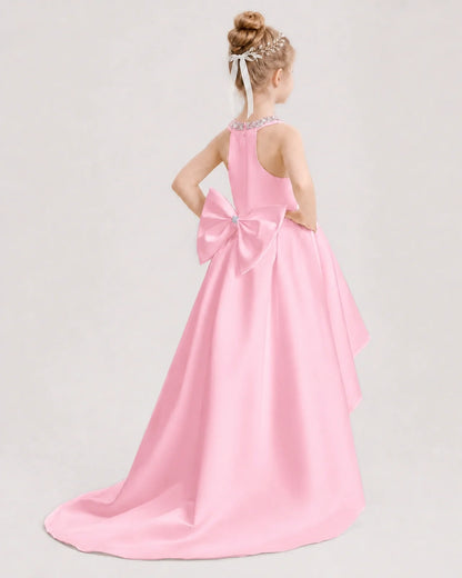 Dideyttawl Beaded V-Neck High-Low Satin Girl Formal Dress