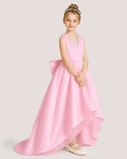 Dideyttawl Beaded V-Neck High-Low Satin Girl Formal Dress
