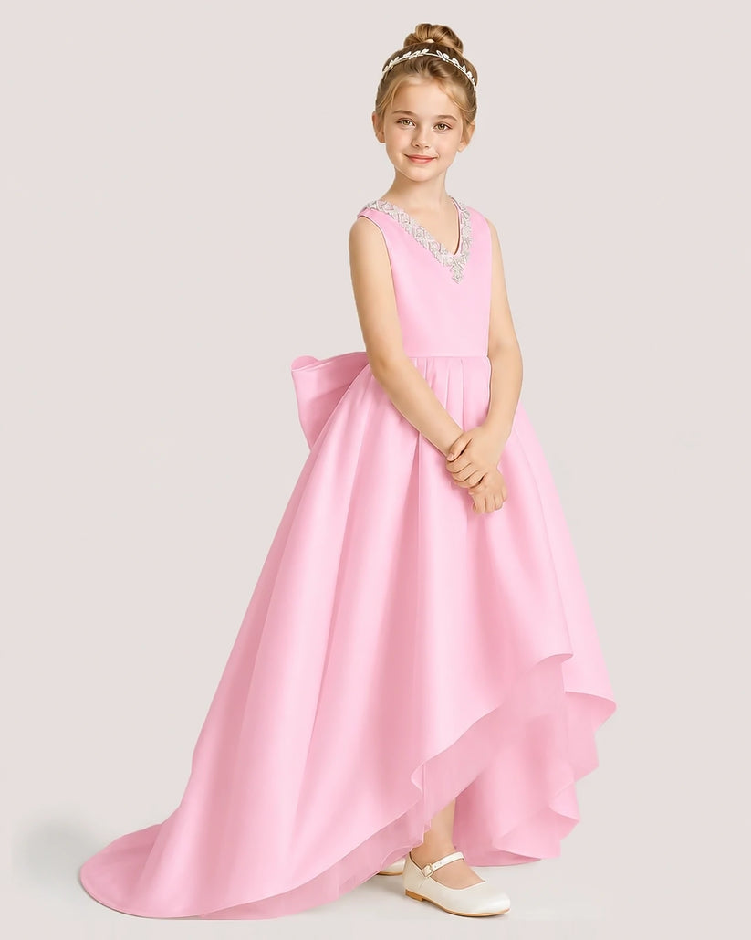 Pink satin high low girls formal dresses front view