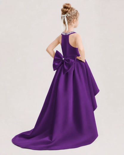 Dideyttawl Beaded V-Neck High-Low Satin Girl Formal Dress