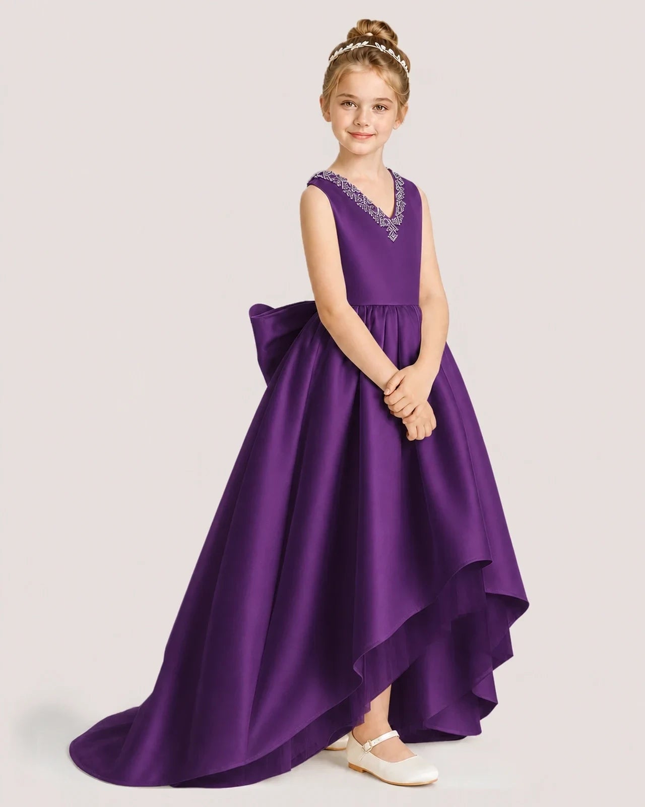 Dideyttawl Beaded V-Neck High-Low Satin Girl Formal Dress