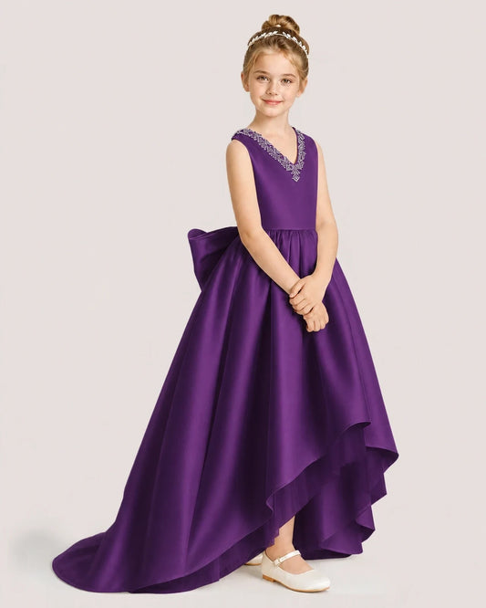 Purple Satin High-Low Girls Formal Dresses Front View