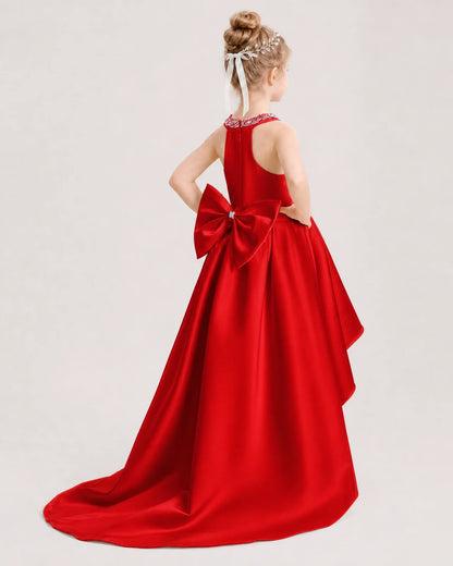 Dideyttawl Beaded V-Neck High-Low Satin Girl Formal Dress