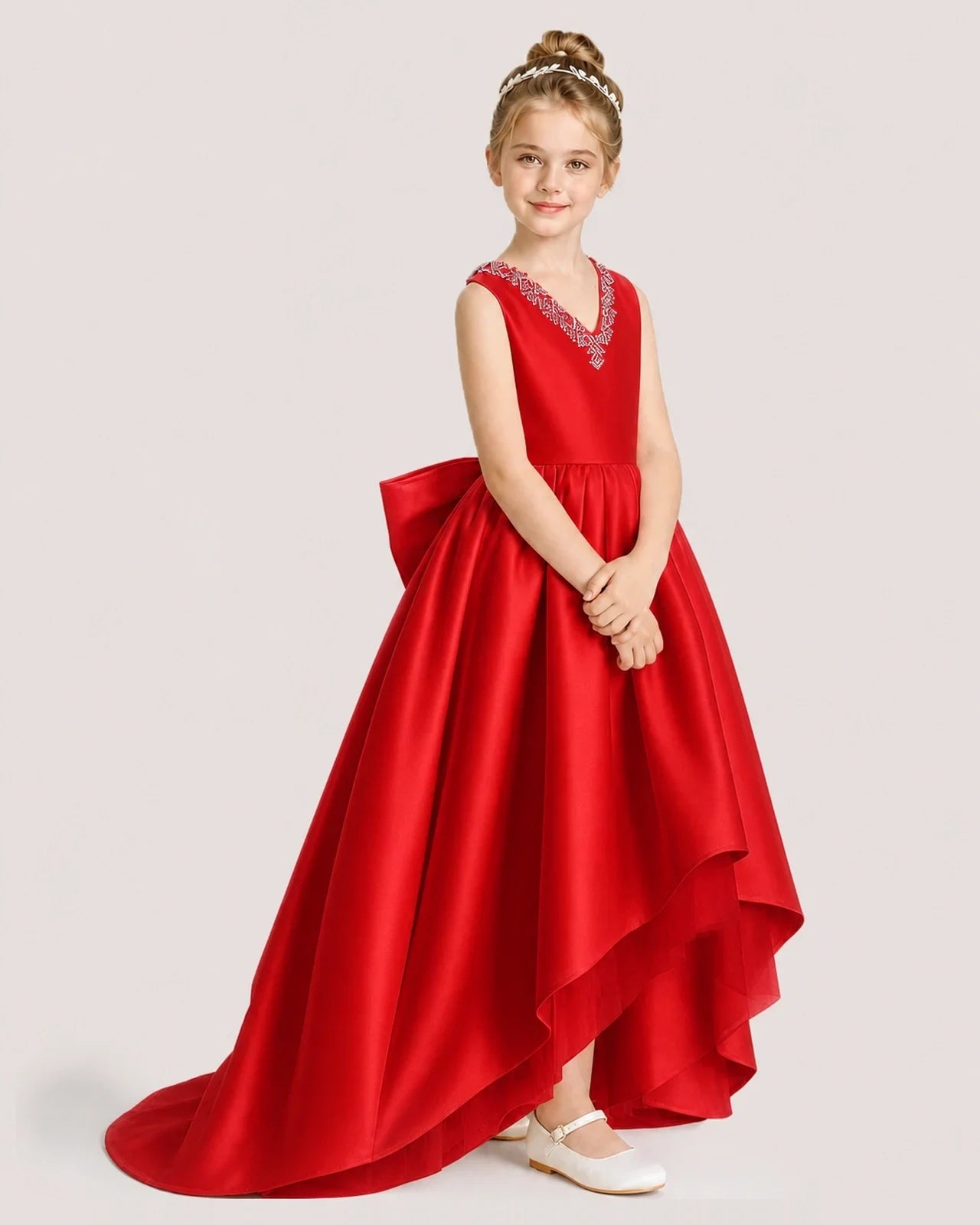 Dideyttawl Beaded V-Neck High-Low Satin Girl Formal Dress