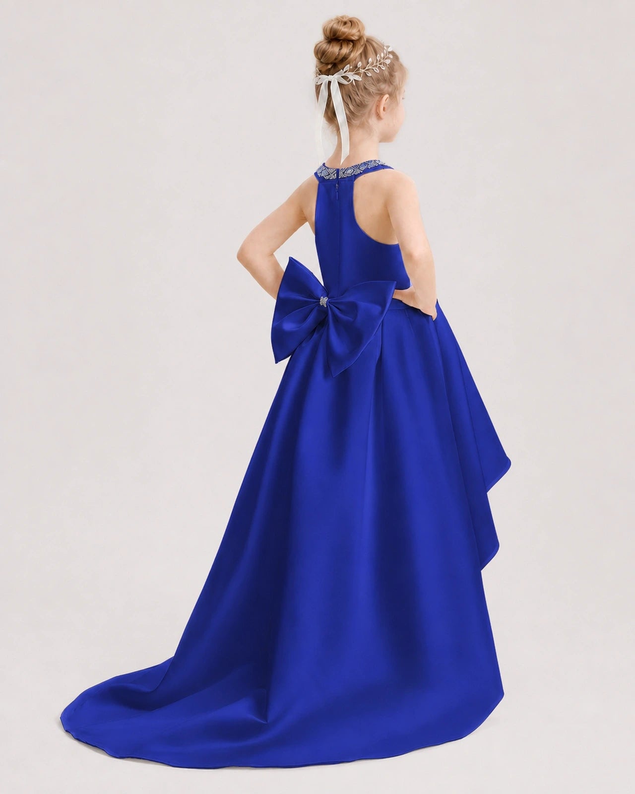 Dideyttawl Beaded V-Neck High-Low Satin Girl Formal Dress