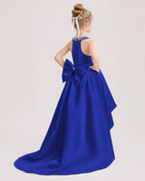 Royal blue satin high-low girls formal dress, back view