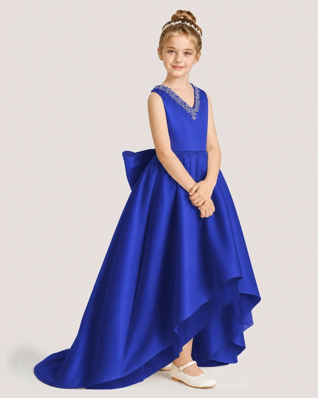 Dideyttawl Beaded V-Neck High-Low Satin Girl Formal Dress