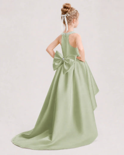 Dideyttawl Beaded V-Neck High-Low Satin Girl Formal Dress