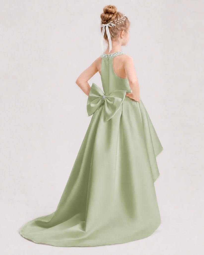Sage green satin high-low halter neck girls formal dress Back View