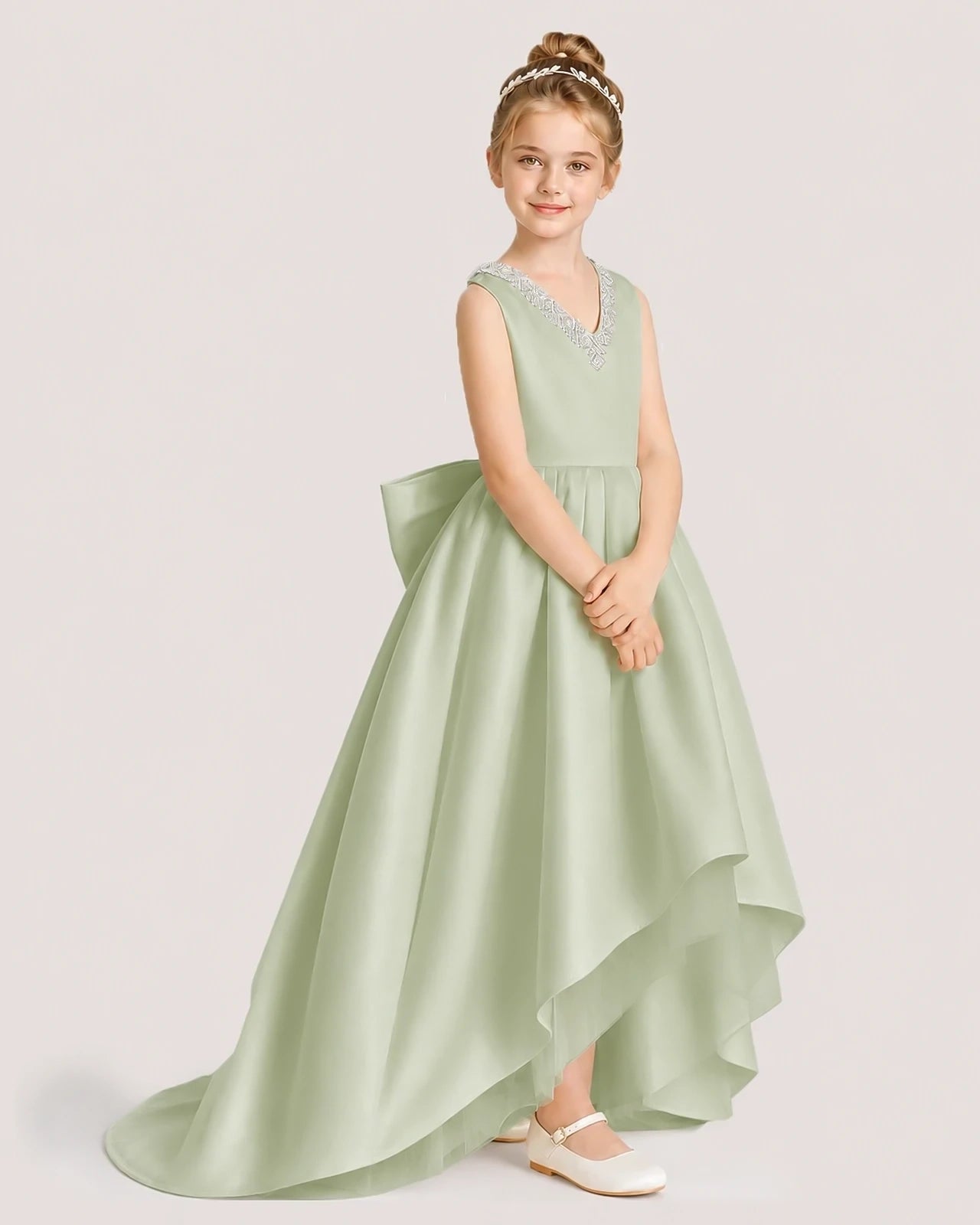 Dideyttawl Beaded V-Neck High-Low Satin Girl Formal Dress