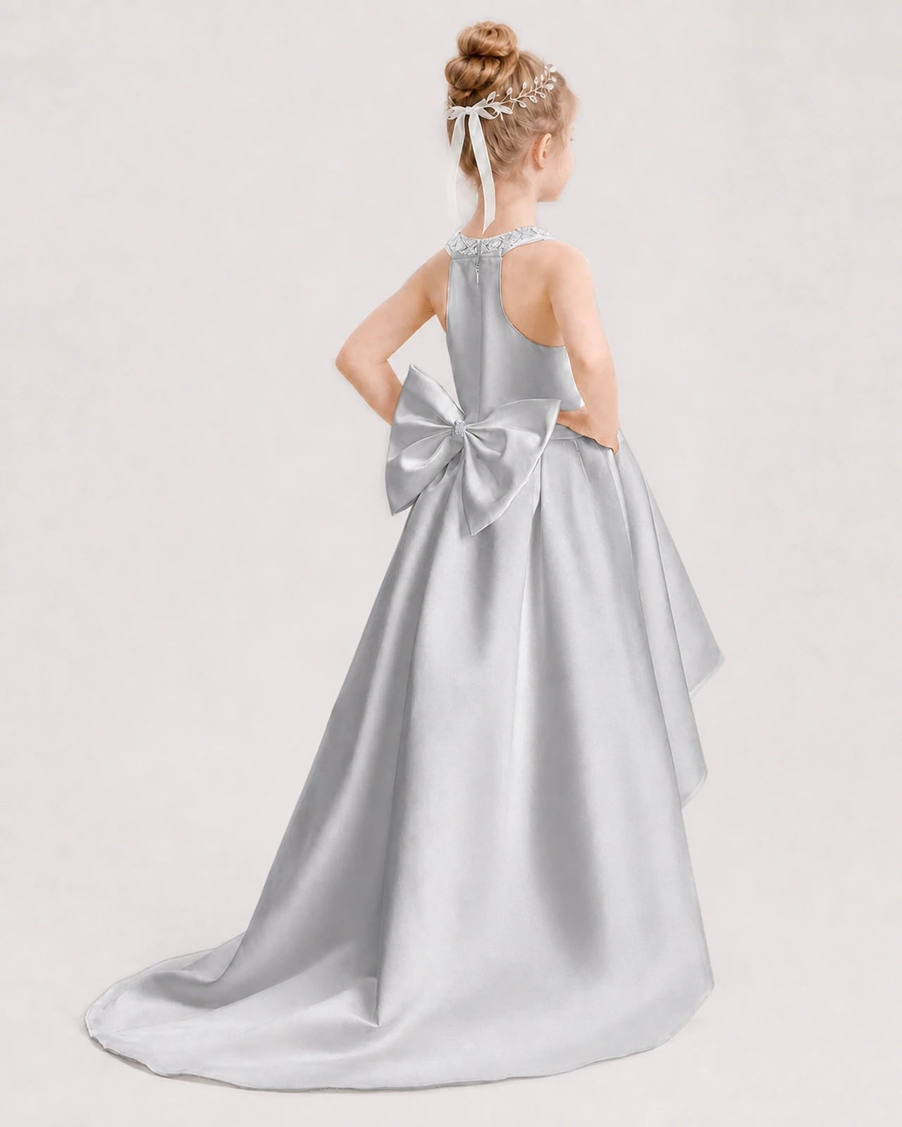 Dideyttawl Beaded V-Neck High-Low Satin Girl Formal Dress