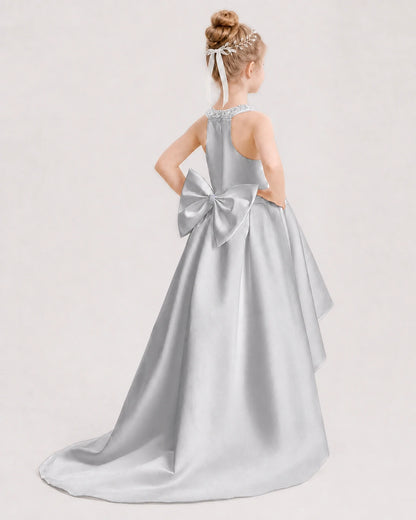 Dideyttawl Beaded V-Neck High-Low Satin Girl Formal Dress
