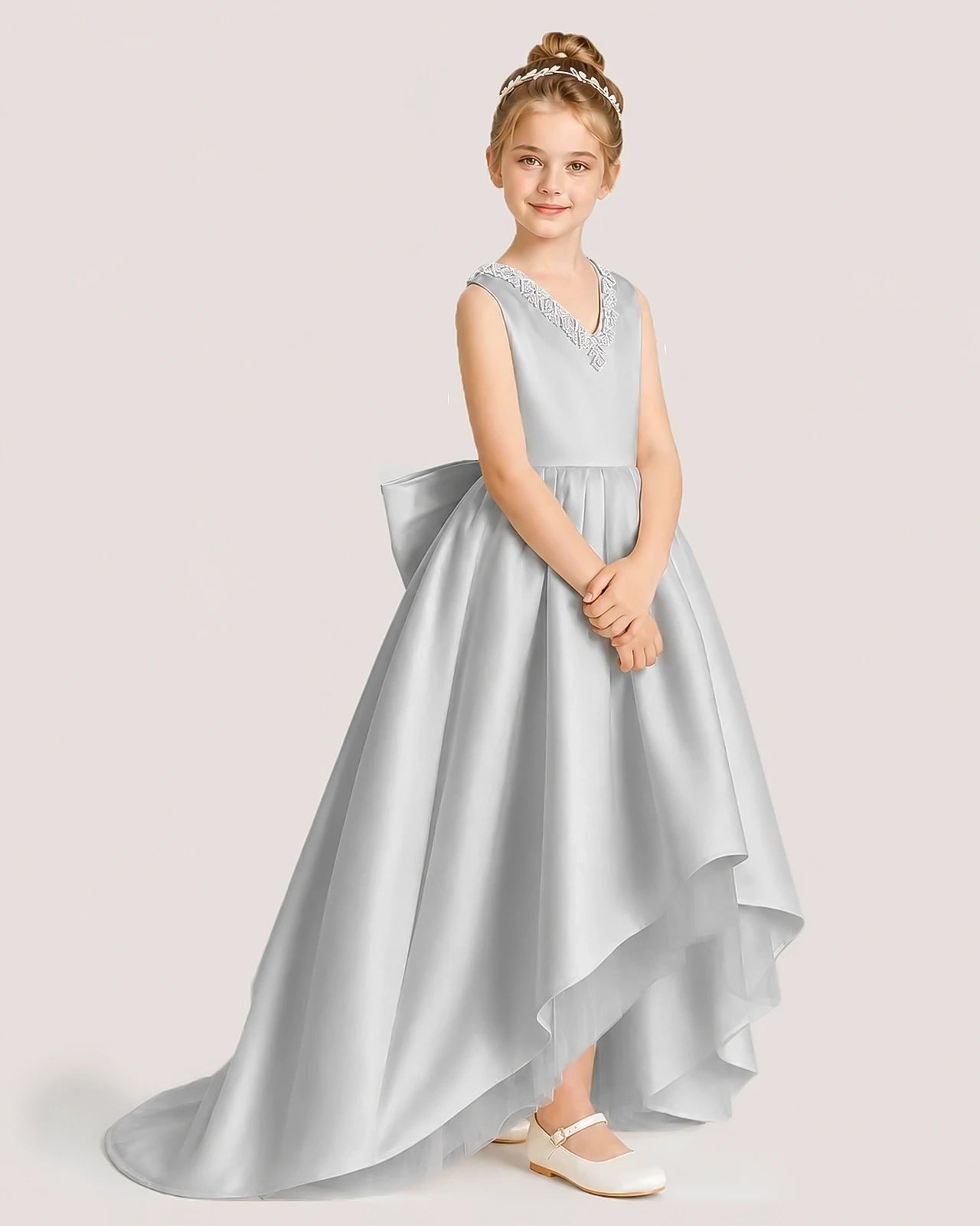 Dideyttawl Beaded V-Neck High-Low Satin Girl Formal Dress