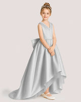 Silver Satin High-Low Girls Formal Dresses Front View