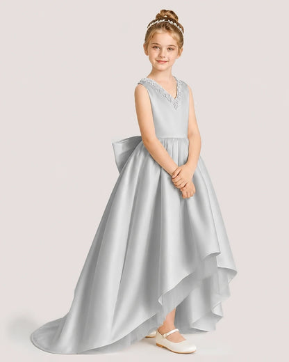 Dideyttawl Beaded V-Neck High-Low Satin Girl Formal Dress