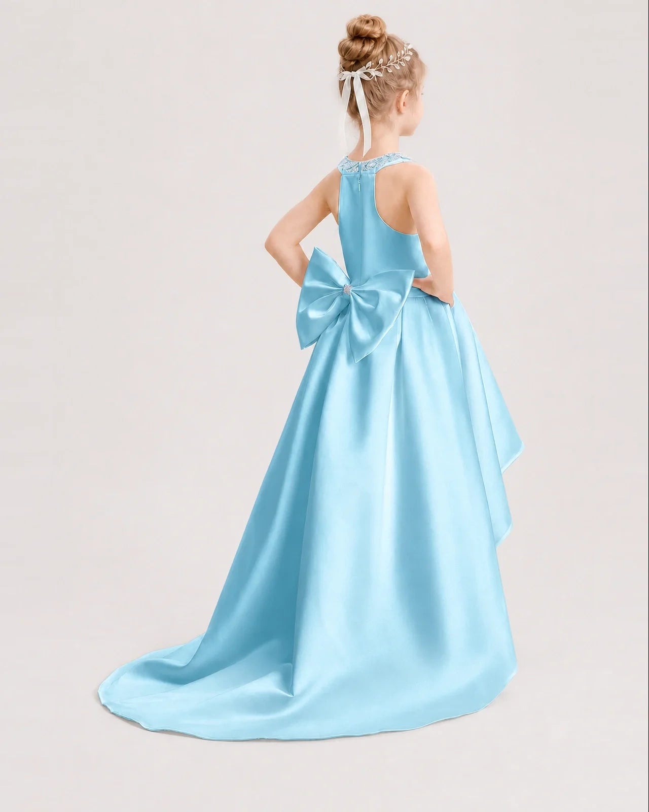 Dideyttawl Beaded V-Neck High-Low Satin Girl Formal Dress
