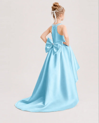 Dideyttawl Beaded V-Neck High-Low Satin Girl Formal Dress