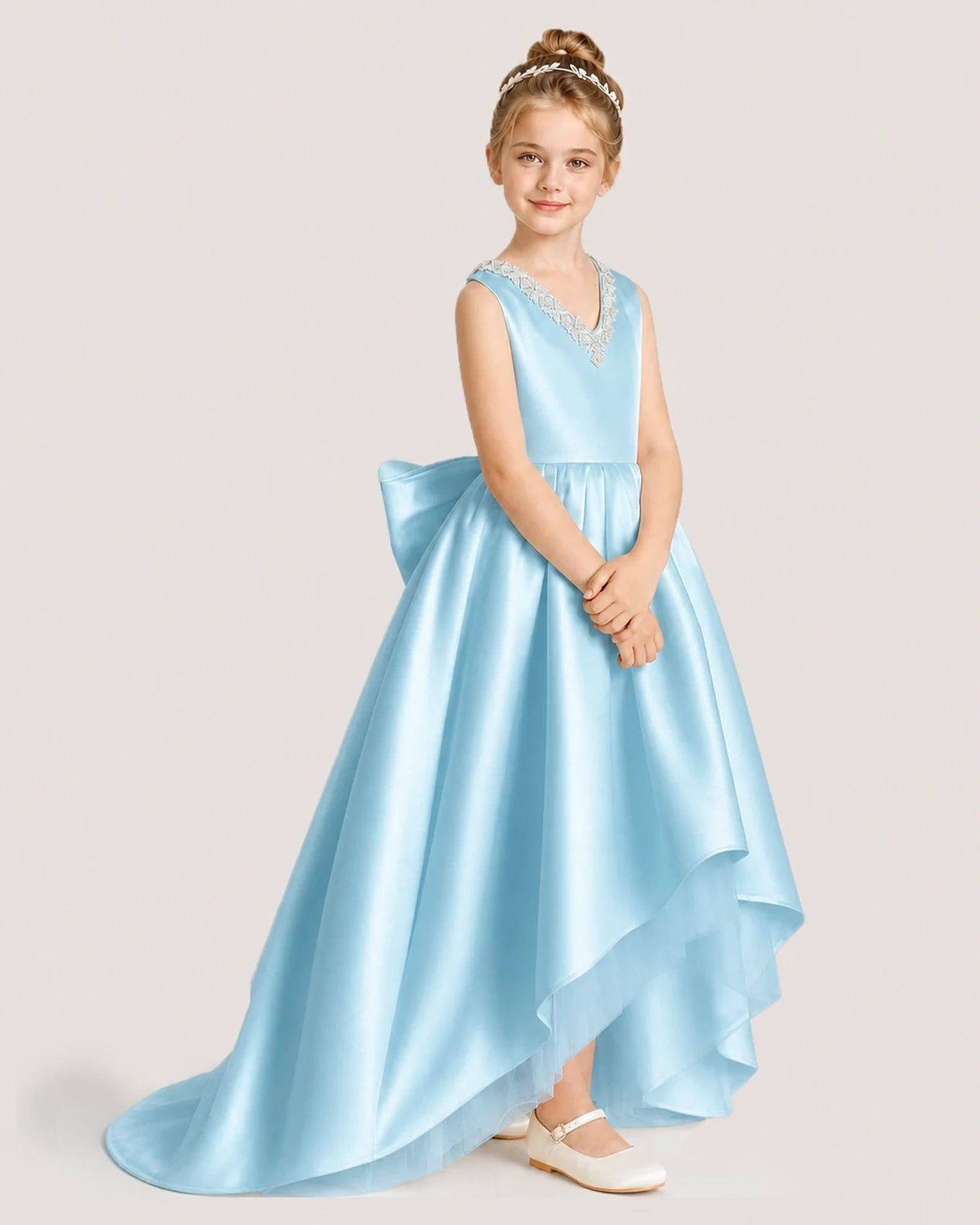Dideyttawl Beaded V-Neck High-Low Satin Girl Formal Dress