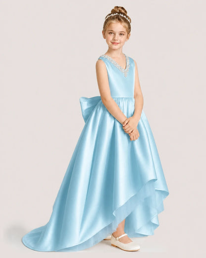 Dideyttawl Beaded V-Neck High-Low Satin Girl Formal Dress