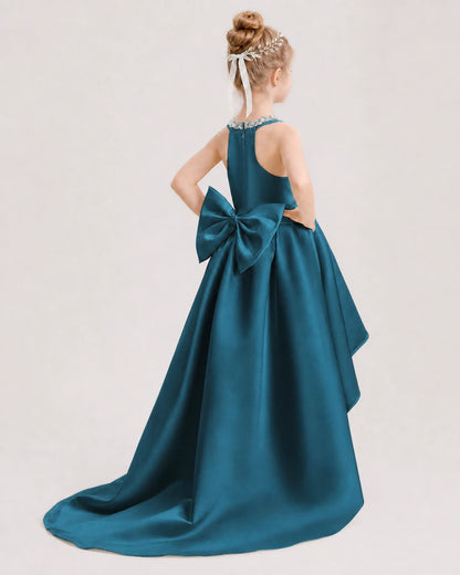 Dideyttawl Beaded V-Neck High-Low Satin Girl Formal Dress