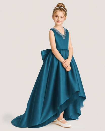 Dideyttawl Beaded V-Neck High-Low Satin Girl Formal Dress