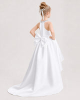 White satin high low girls formal dress, back view
