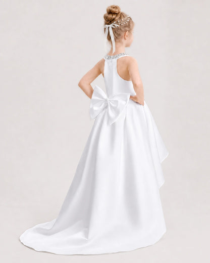 Dideyttawl Beaded V-Neck High-Low Satin Girl Formal Dress