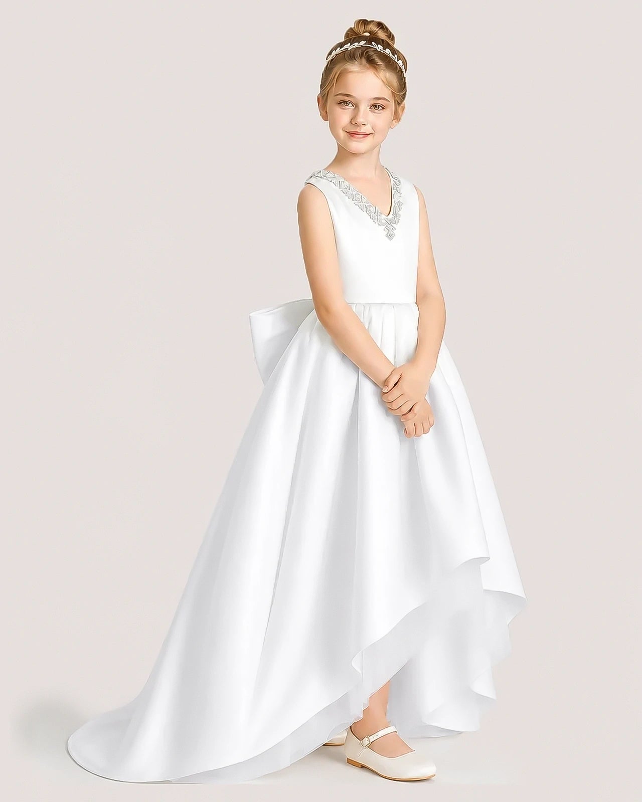 Dideyttawl Beaded V-Neck High-Low Satin Girl Formal Dress