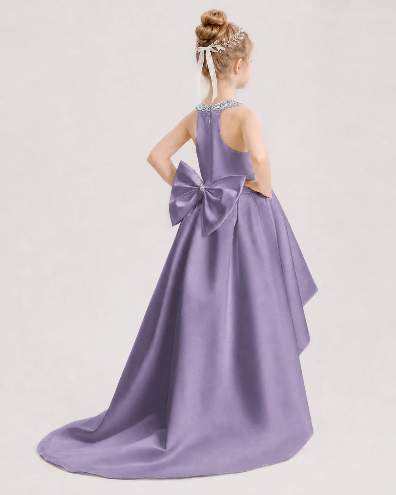 Dideyttawl Beaded V-Neck High-Low Satin Girl Formal Dress