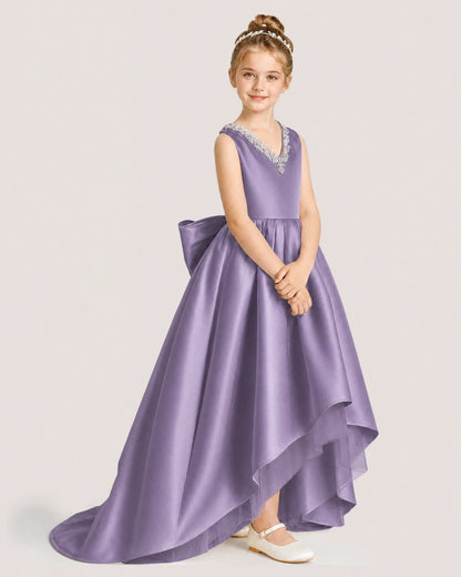 Dideyttawl Beaded V-Neck High-Low Satin Girl Formal Dress