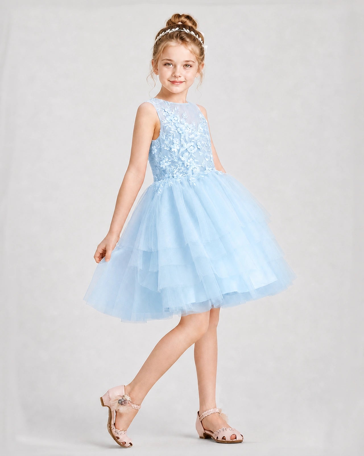 Dideyttawl Embroidered Tiered Tulle Girl Formal Dress